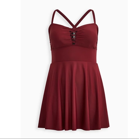 NWOT TORRID LATTICE FRONT PEPLUM LONG SWIM DRESS - BERRY - Picture 5 of 6